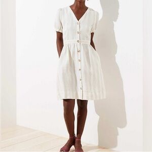 Loft Linen Striped Puff Sleeve Pocket Shirtdress Tan White Cream Women’s Size 12